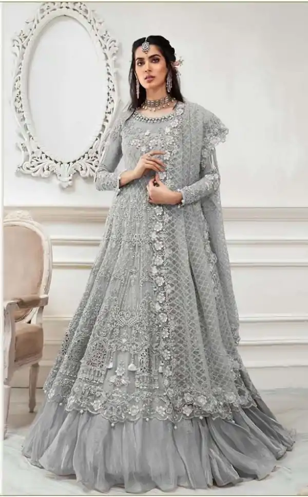 Pleasing Grey Color Butterfly Net With Multi Work Anarkali