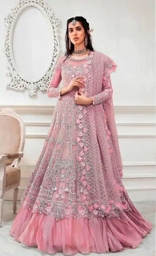 Pleasing Light Orange Color Butterfly Net With Multi Work Anarkali