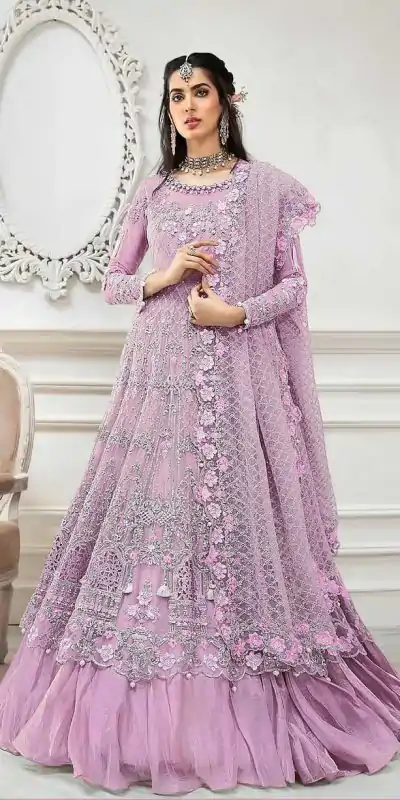Pleasing Pink Color Butterfly Net With Multi Work Anarkali