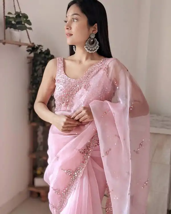 Dazzling Baby Pink Color Original Organza With Real Mirror Designer Saree