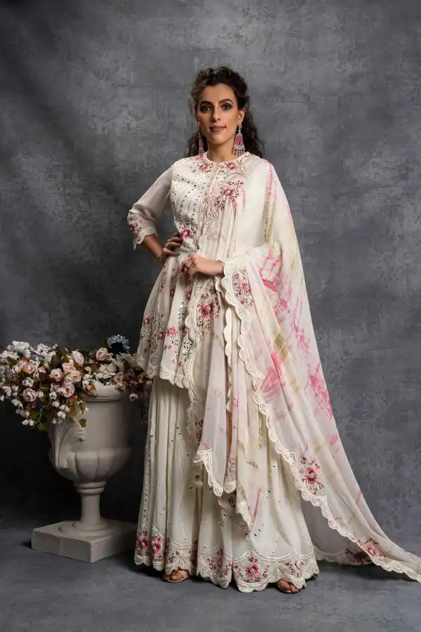 Majestic Trendy White Color Party Wear Sharara Suit
