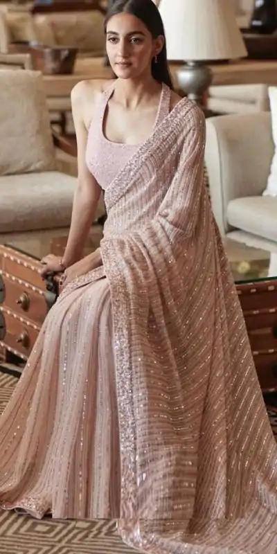 Pretty Light Pink Color Heavy Sequence Work Party Wear Saree
