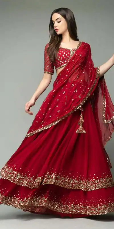 Resplendent Red Color Trendy Sequence Work Ruffle Lehenga Choli