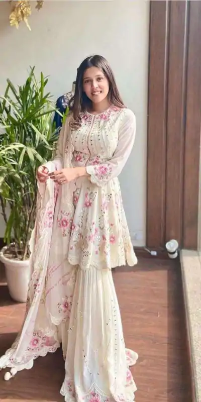 Splendid Trendy White Color Party Wear Sharara Suit