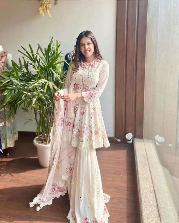 Splendid Trendy White Color Party Wear Sharara Suit