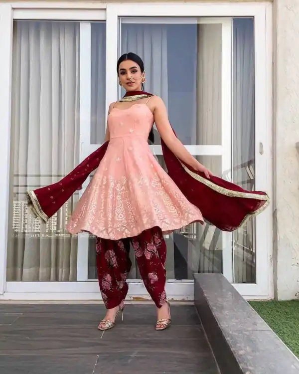 Dazzling Pretty Pink Color Heavy Georgette Work Sharara Set
