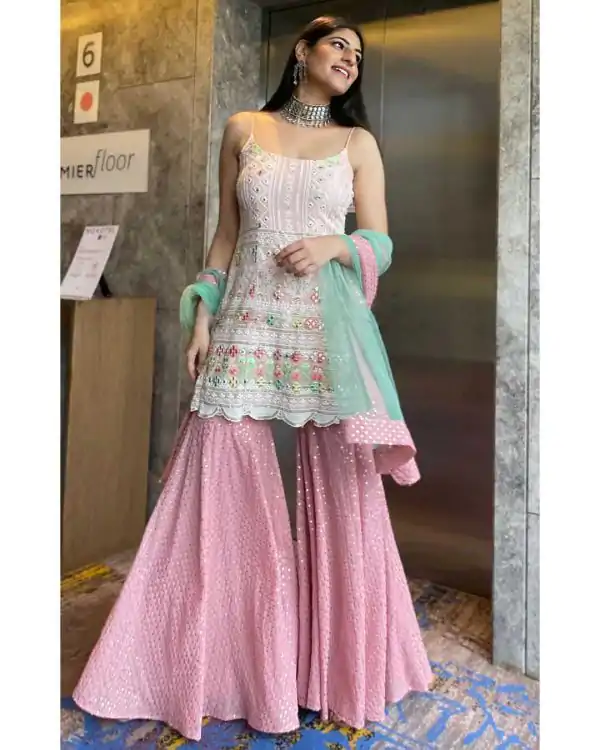 Yankita Kapoor White Pink Color Mirror Embellished Party Wear Sharara Suit
