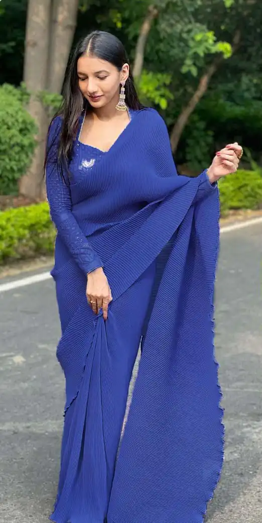 Women's Party Wear Superb Blue Color Pleating Work Saree