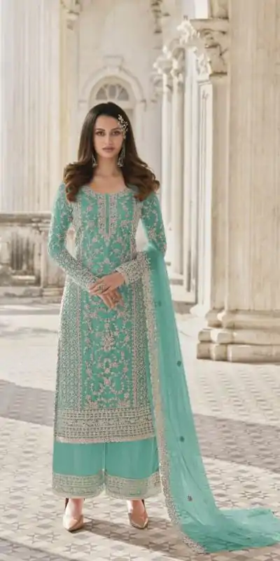 Adorable Light Green Color Butterfly Net And Embroidery Work Sharara