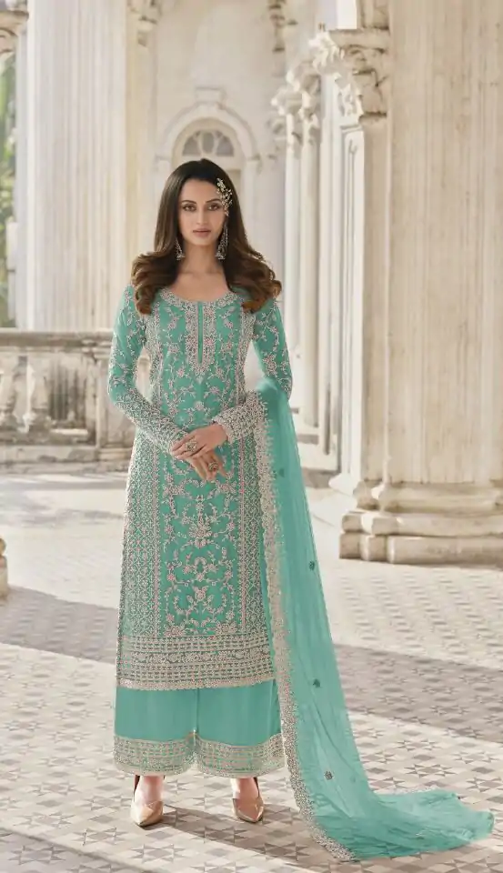 Adorable Light Green Color Butterfly Net And Embroidery Work Sharara