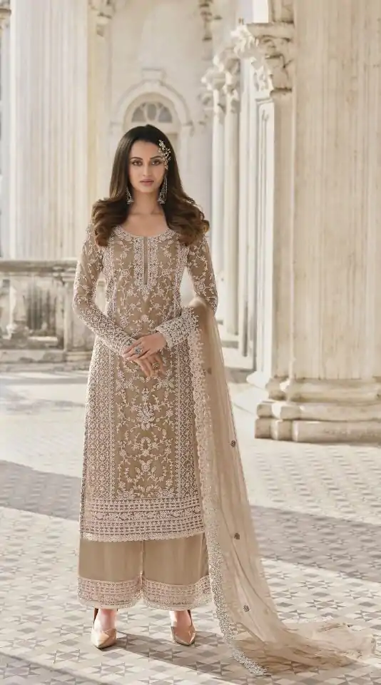 Adorable Peach Color Butterfly Net And Embroidery Work Sharara
