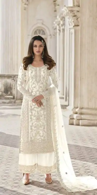 Adorable White Color Butterfly Net And Embroidery Work Sharara
