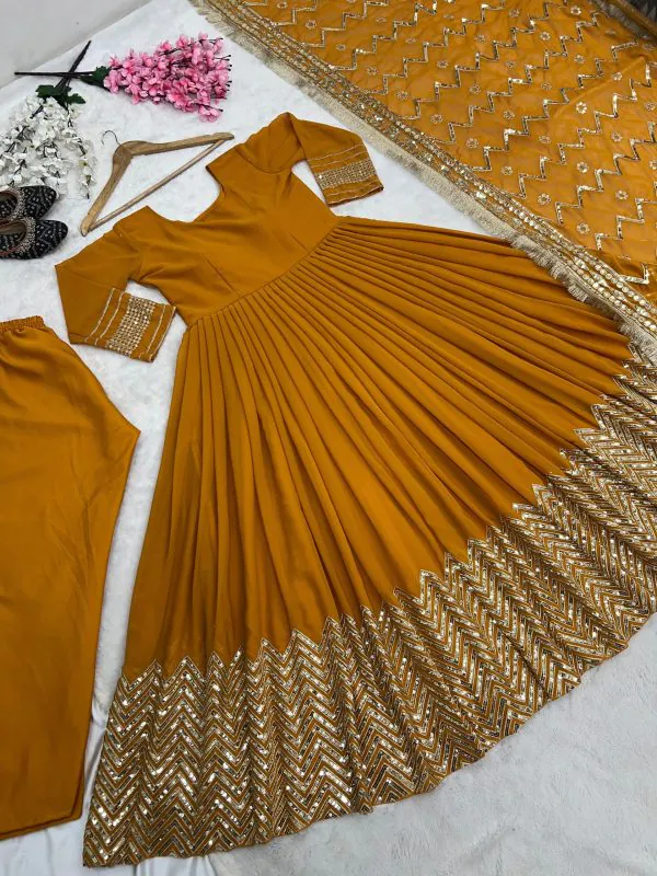 Graceful Yellow Color Georgette Embroidery Sequence Work Gown