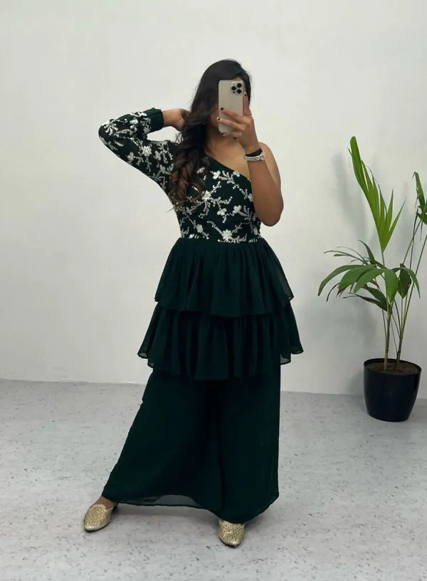 Bombastic Green Color Heavy Georgette Embroidery Sequence Work Plazzo Suit