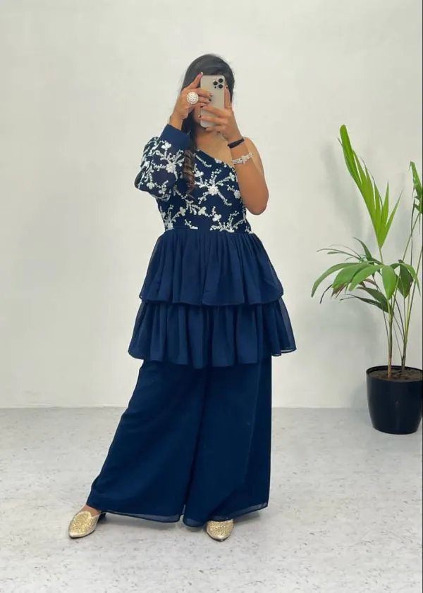 Bombastic Blue Color Heavy Georgette Embroidery Sequence Work Plazzo Suit