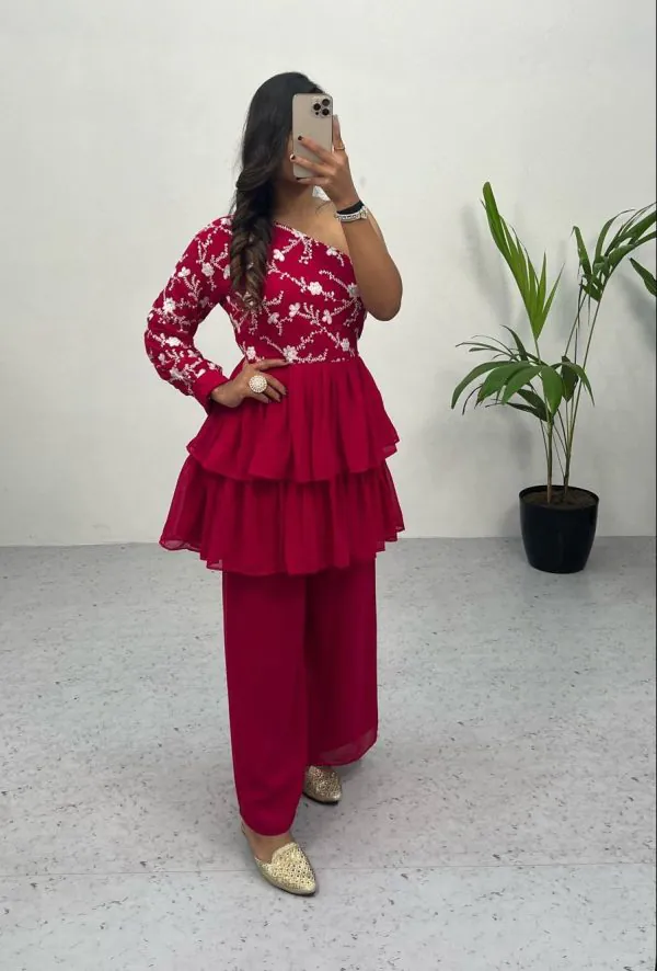 Bombastic Pink Color Heavy Georgette Embroidery Sequence Work Plazzo Suit