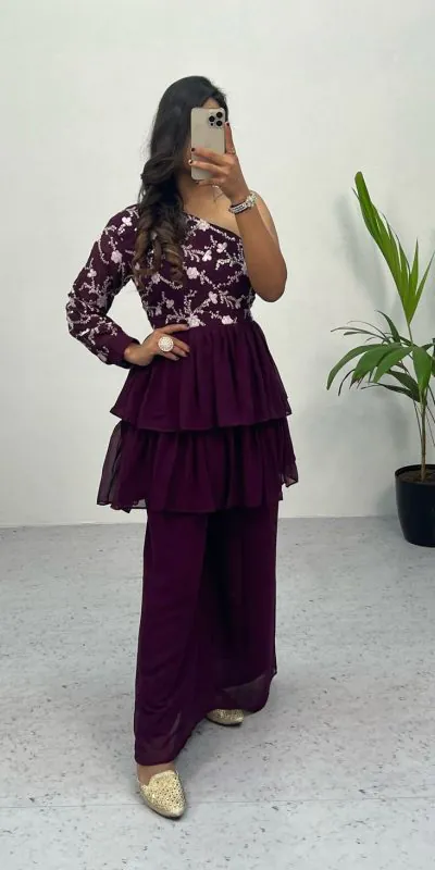 Bombastic Purple Color Heavy Georgette Embroidery Sequence Work Plazzo Suit