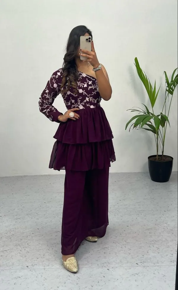 Bombastic Purple Color Heavy Georgette Embroidery Sequence Work Plazzo Suit