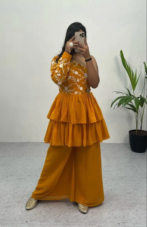 Bombastic Yellow Color Heavy Georgette Embroidery Sequence Work Plazzo Suit