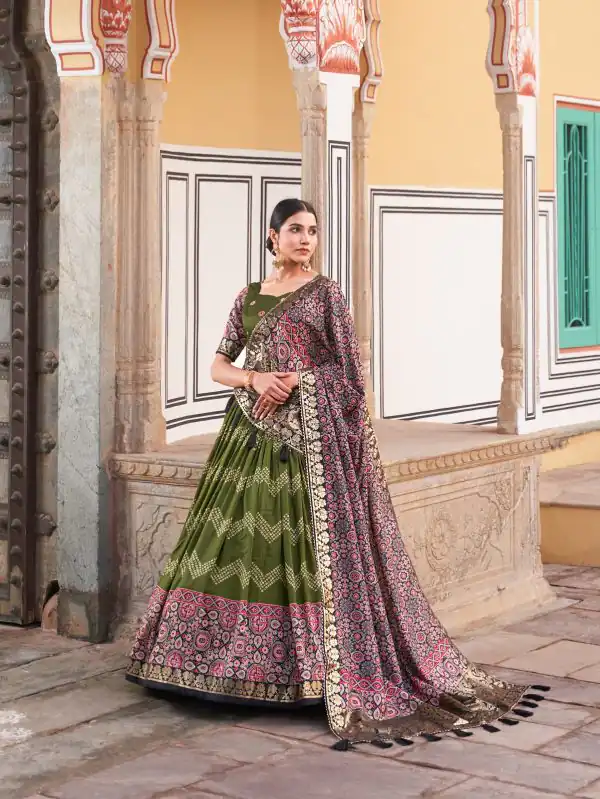 Glamorous Green Color Tussar Silk Dot And Ajarakh & Drawstring With Foil Printed & Heavy Tassels Lehenga Choli