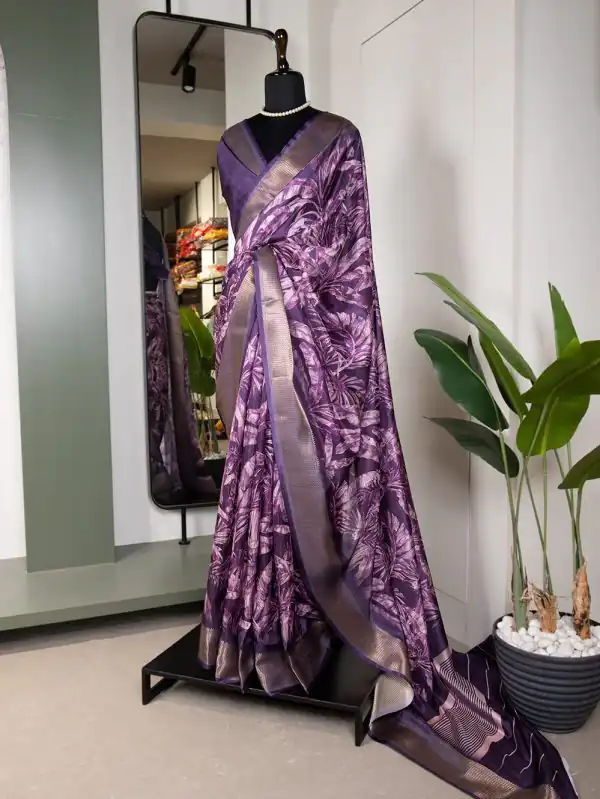 Perfect Purple Color  Dola Silk Printed With Zari Border Saree