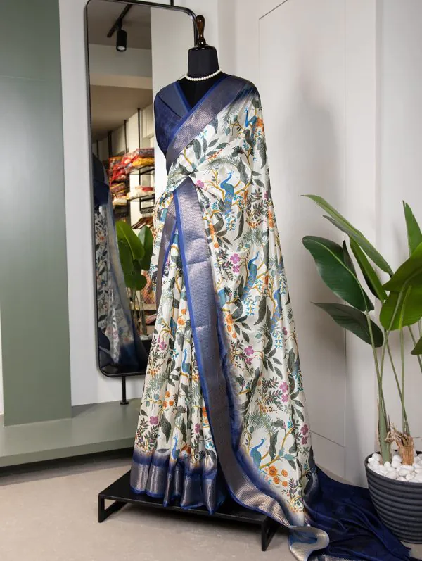Perfect White Color  Dola Silk Printed With Zari Border Saree
