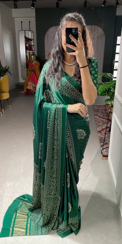 Stylish Green Color Semi Gaji Satin Printing with Foil Work Saree