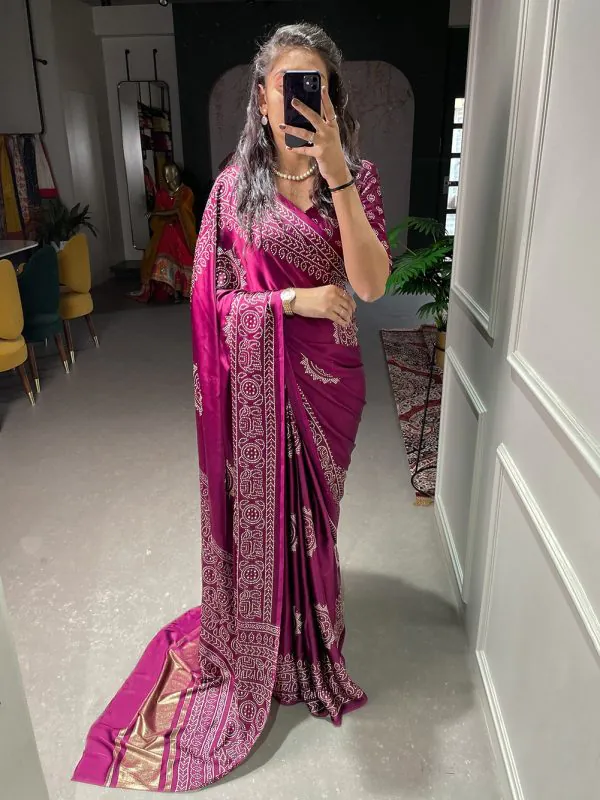 Stylish Purple Color Semi Gaji Satin Printing with Foil Work Saree