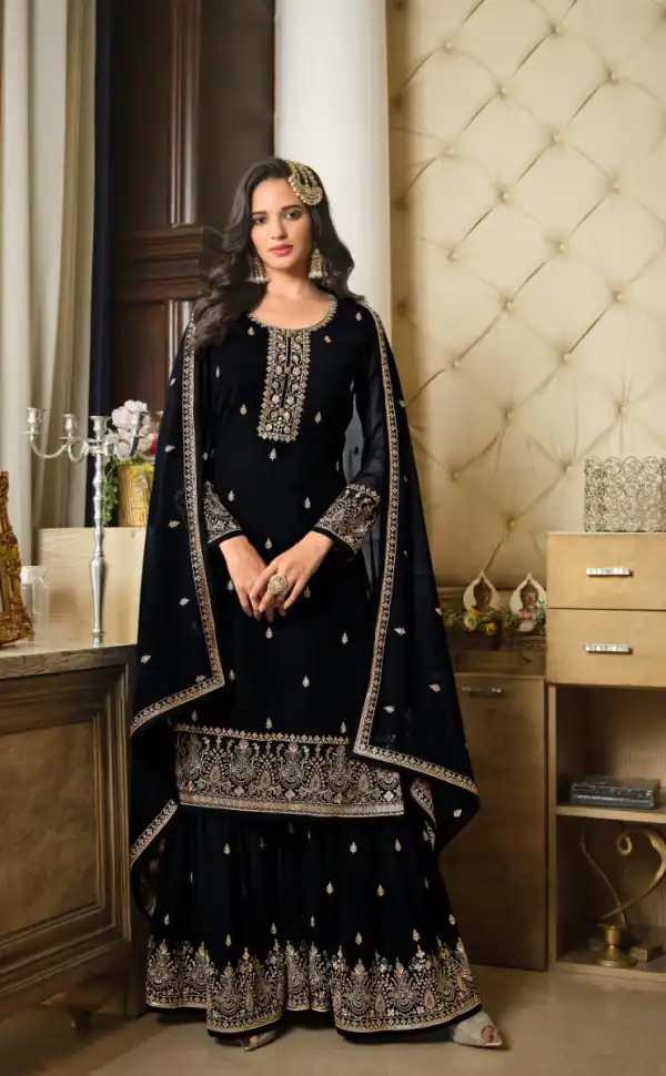 Adorable Black Color Georgette Embroidery Sequence Work Sharara Suit