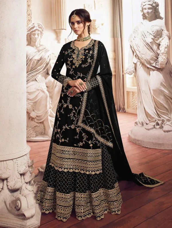 Adorable Black Color Georgette Embroidery Sequence Sharara Suit