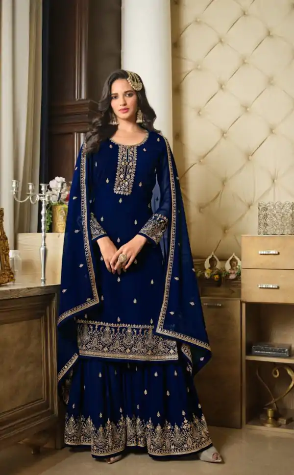 Adorable Blue Color Georgette Embroidery Sequence Work Sharara Suit