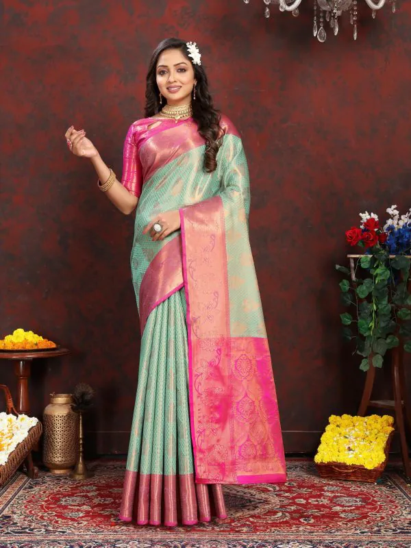 Adorable Green Color Lichi Silk Gold & Silver Zari Weaving Saree