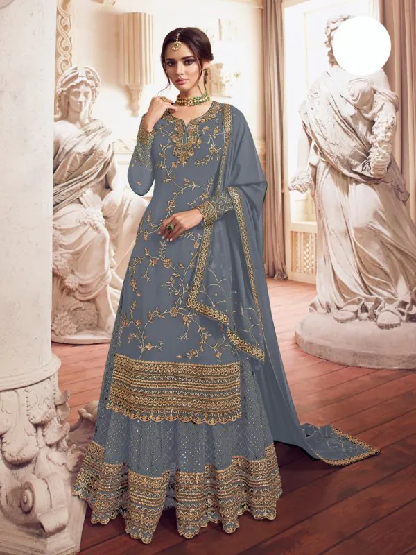 Adorable Grey Color Georgette Embroidery Sequence Sharara Suit