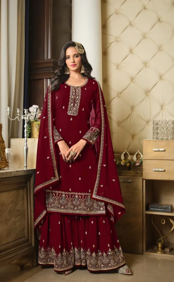 Adorable Maroon Color Georgette Embroidery Sequence Work Sharara Suit