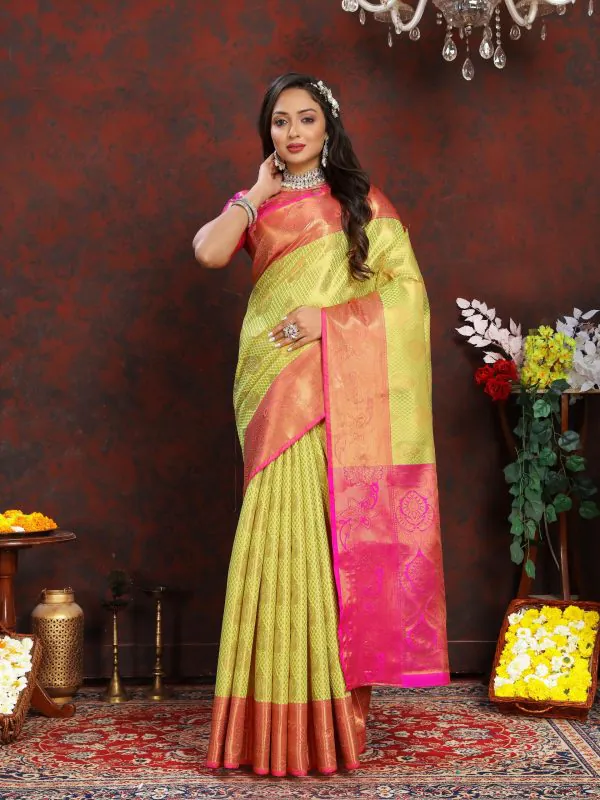 Adorable Parrot Green Color Lichi Silk Gold & Silver Zari Saree
