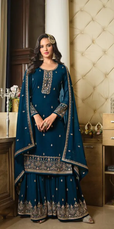 Adorable Peacock Blue Color Georgette Embroidery Sequence Work Sharara Suit