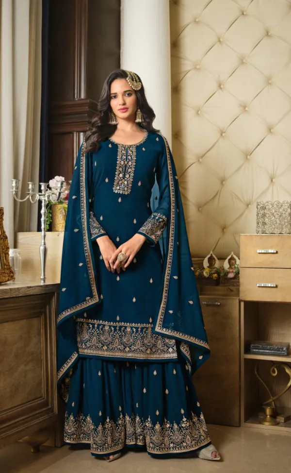 Adorable Peacock Blue Color Georgette Embroidery Sequence Work Sharara Suit