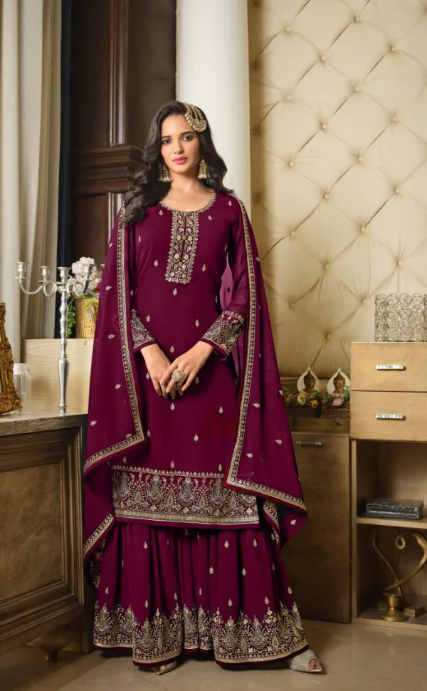Adorable Purple Color Georgette Embroidery Sequence Work Sharara Suit