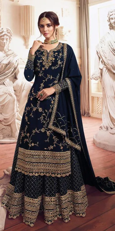 Adorable Stone Green Color Georgette Embroidery Sequence Sharara Suit