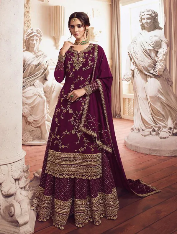 Adorable Wine Color Georgette Embroidery Sequence Sharara Suit