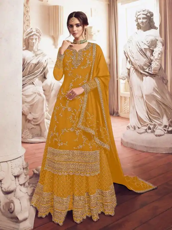 Adorable Yellow Color Georgette With Embroidery Sharara Suit