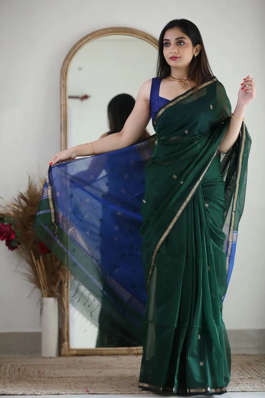 Attractive Dark Green Color Soft Lilan Slab Jacquard Work Saree - Image 5