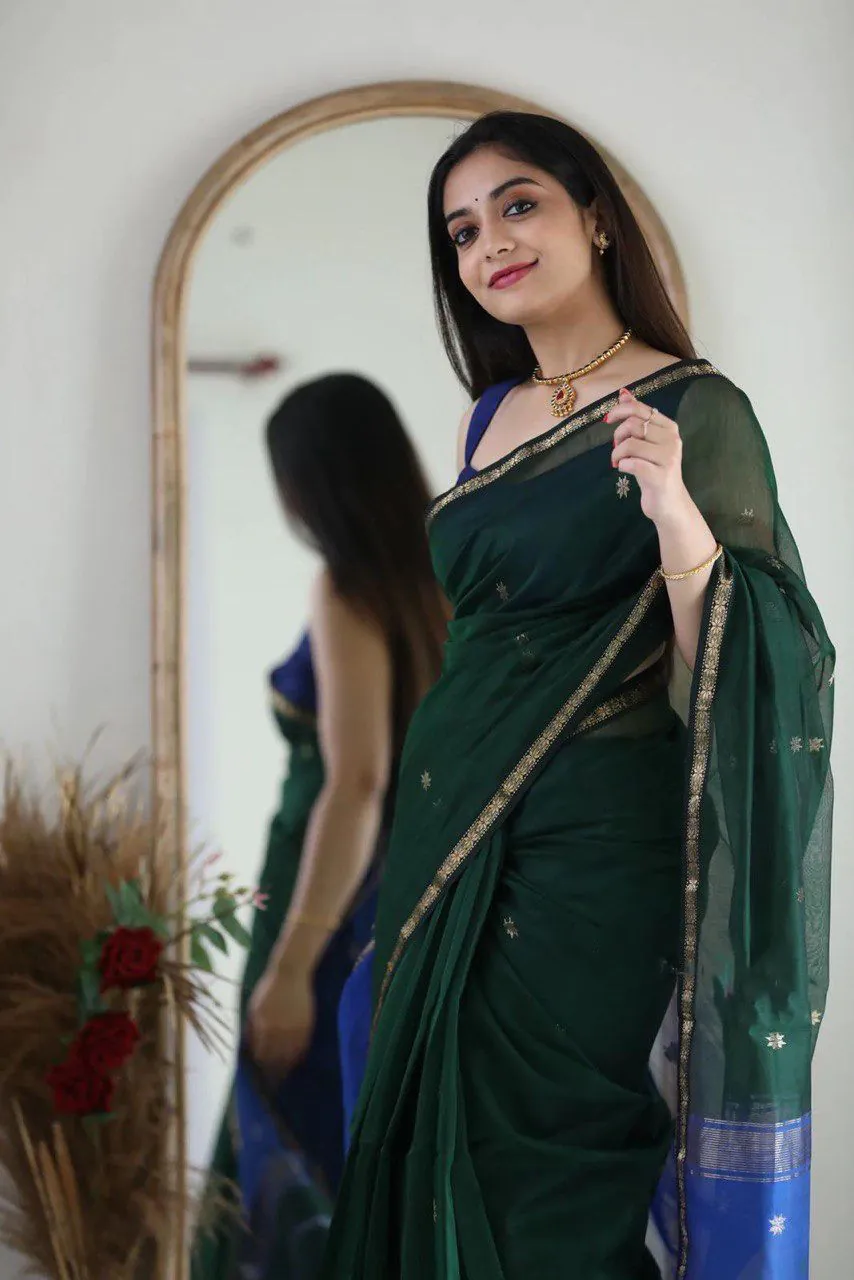 Attractive Dark Green Color Soft Lilan Slab Jacquard Work Saree - Image 4