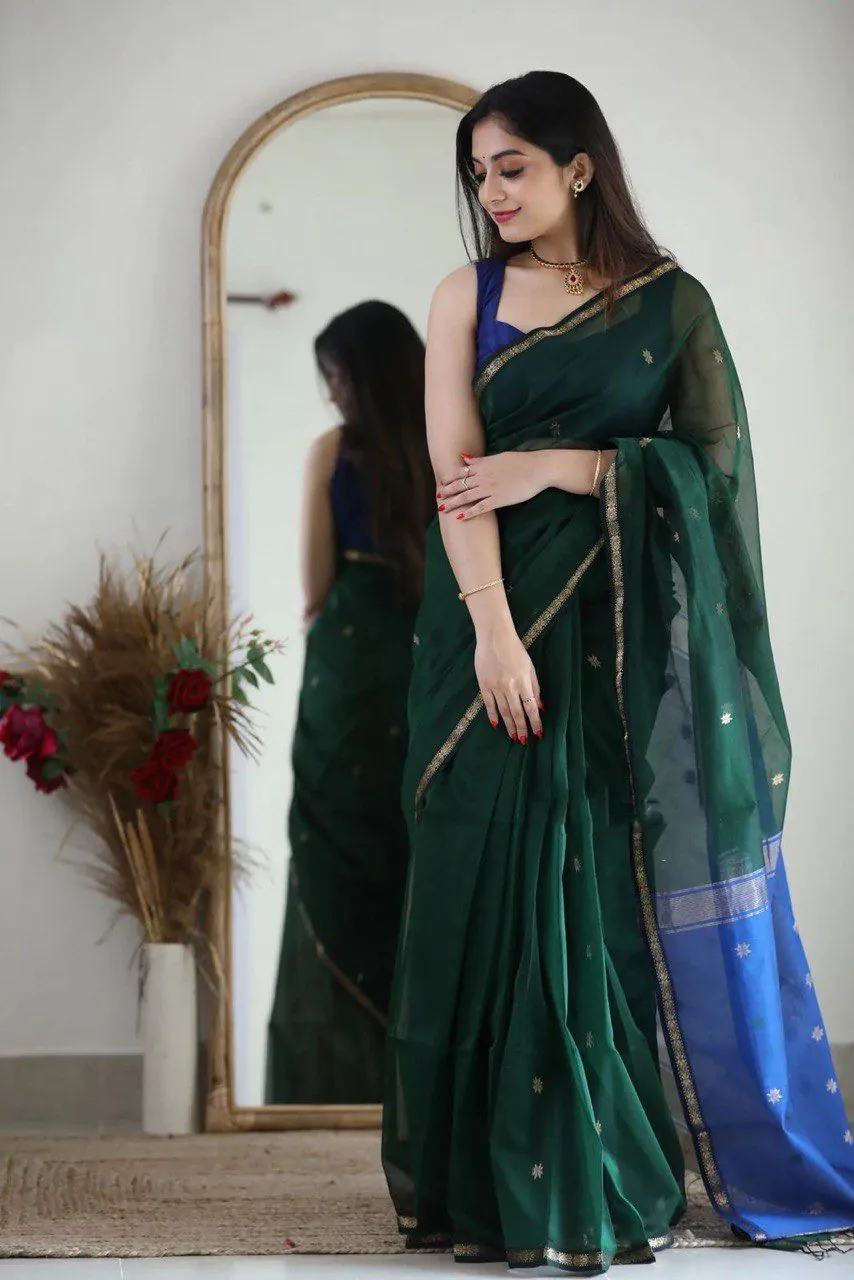 Attractive Dark Green Color Soft Lilan Slab Jacquard Work Saree - Image 3
