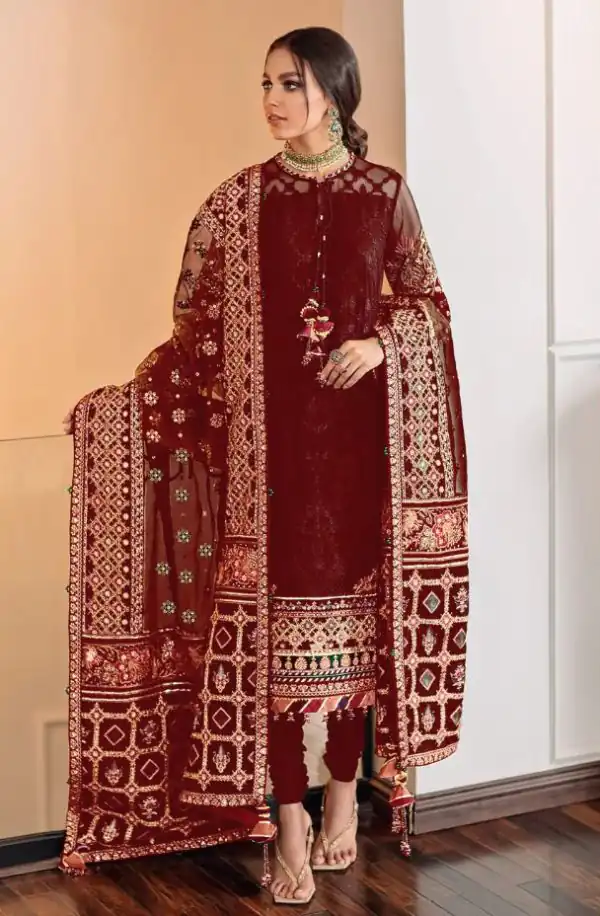 Aglow Maroon Color Georgette Embroidery Stone Work Sharara Suit