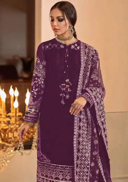 Purple Georgette Embroidery Stone Work Sharara Suit - Image 2