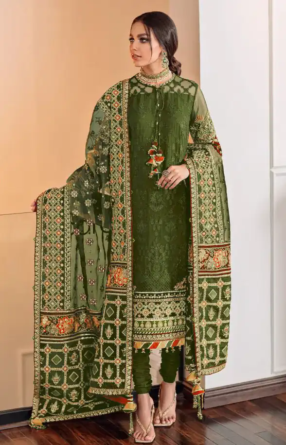 Aglow Stone Green Color Georgette Embroidery Work Sharara Suit