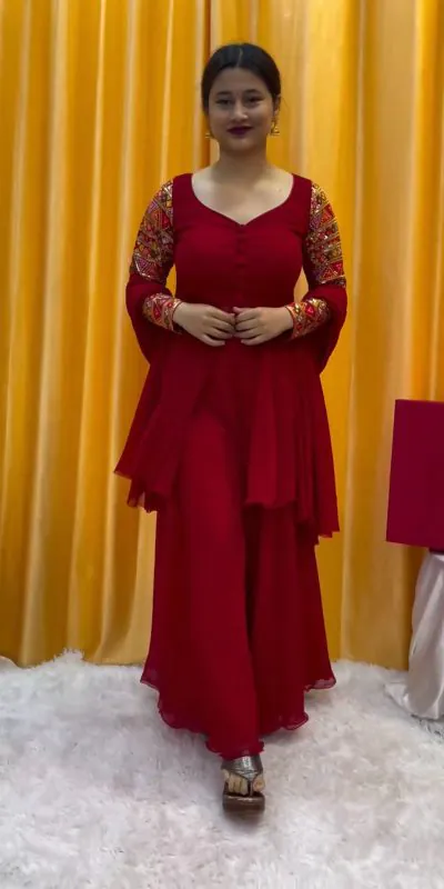 Amazing Red Color Faux Georgette thread Sequence Work Sharara Suit