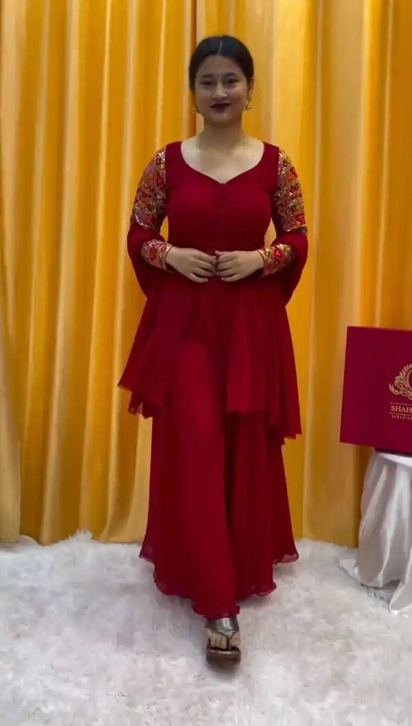 Amazing Red Color Faux Georgette thread Sequence Work Sharara Suit
