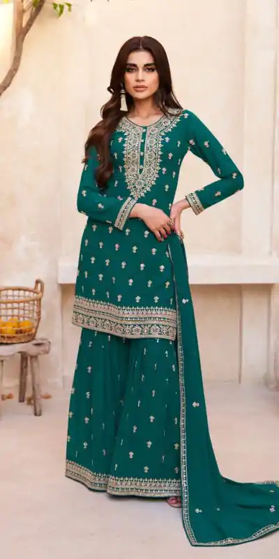 Artful Green Color Heavy Georgette Embroidered Work Sharara Suit